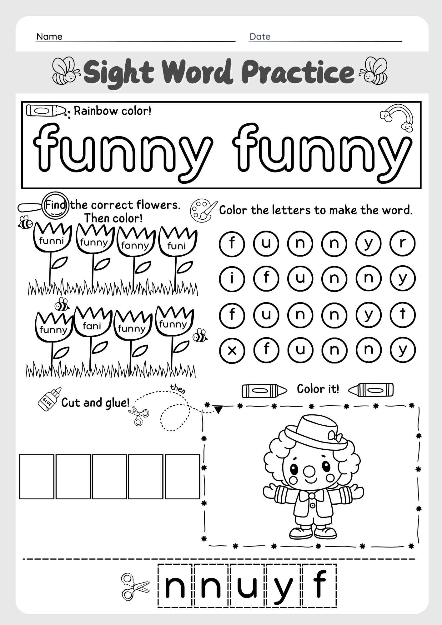 The Word "Funny" Sight Word Cut and Paste Worksheet for Early Learners Pre K